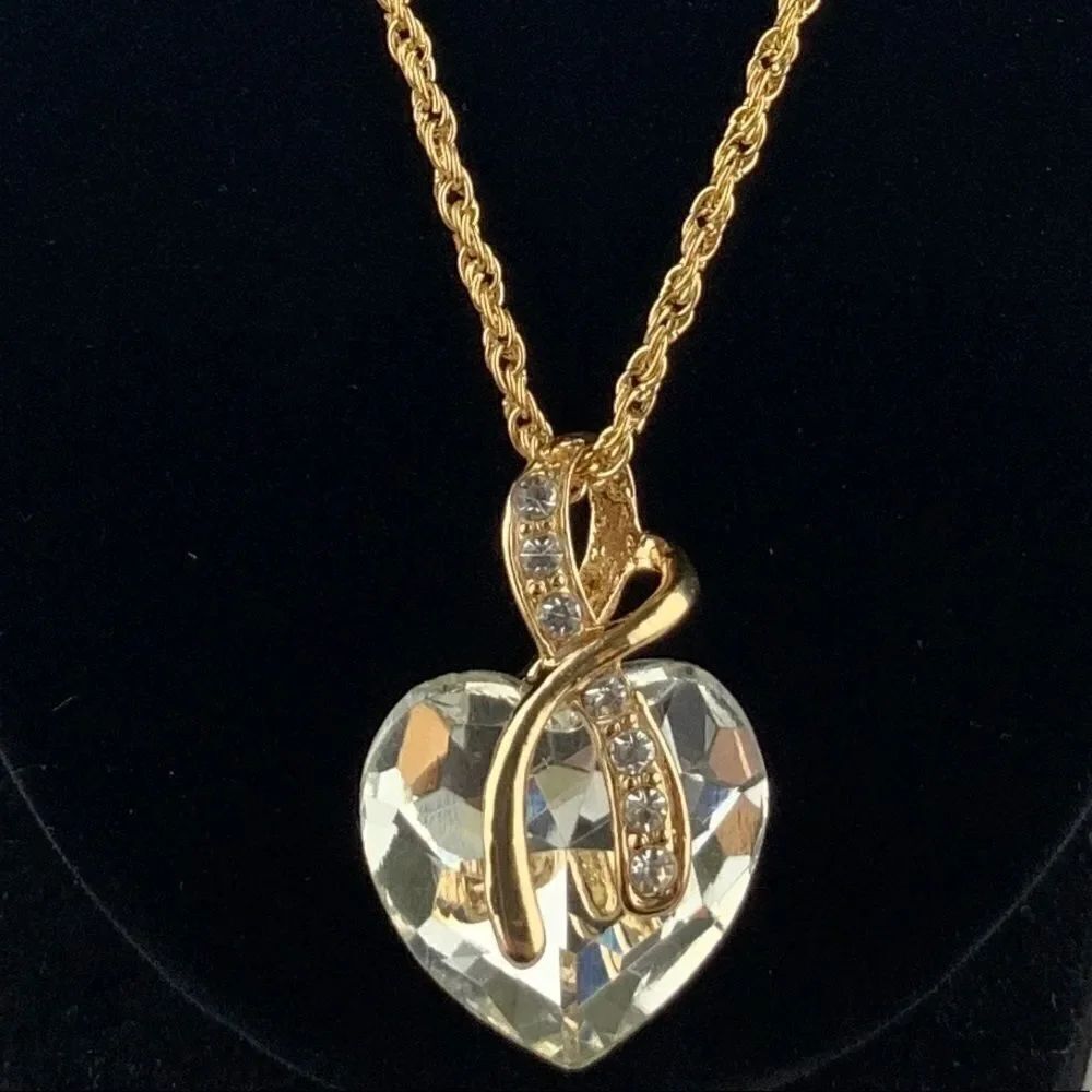 Titantic Heart Necklace Gold/ Clear Rhinestone